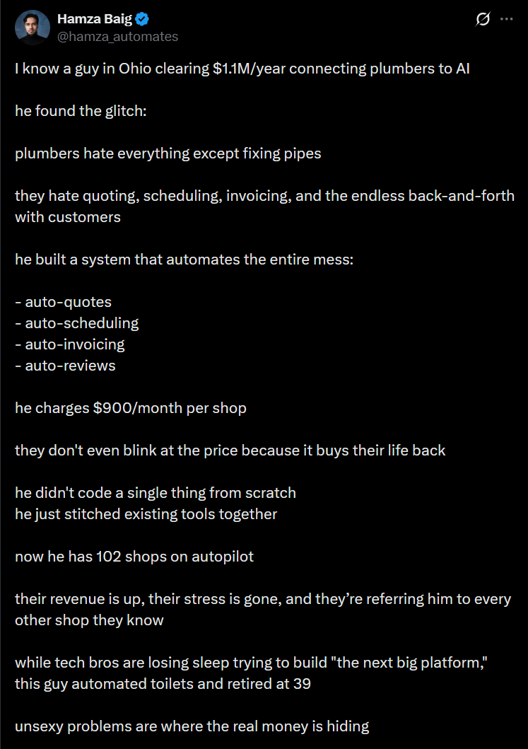 X post about plumbing business automation and profit growth