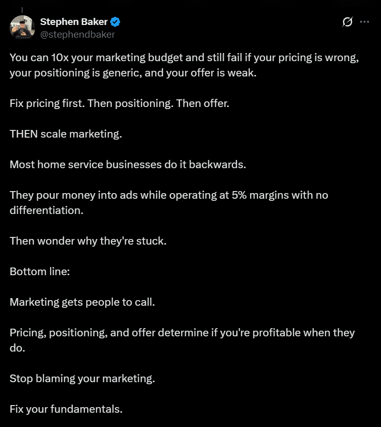 X post about pricing and marketing