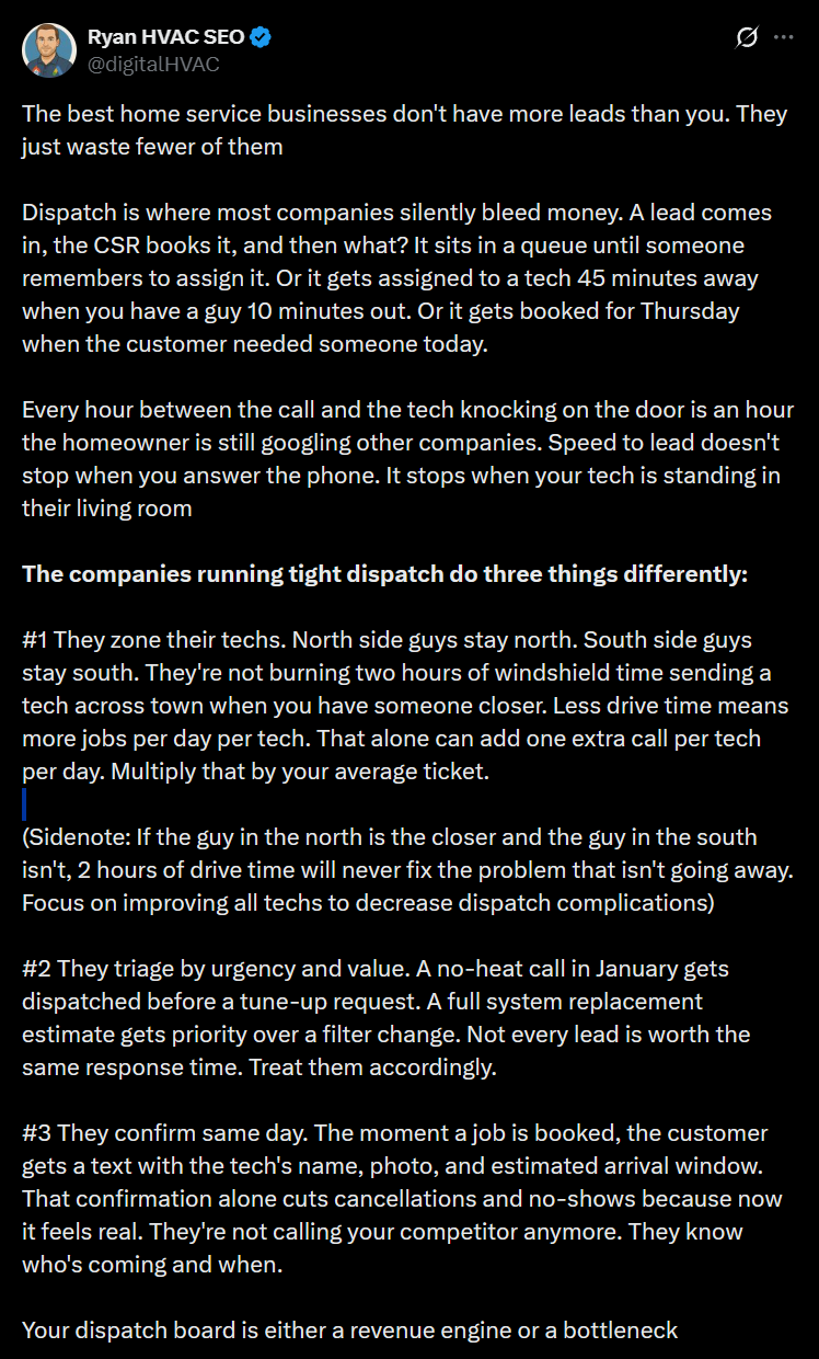 X post about dispatch efficiency