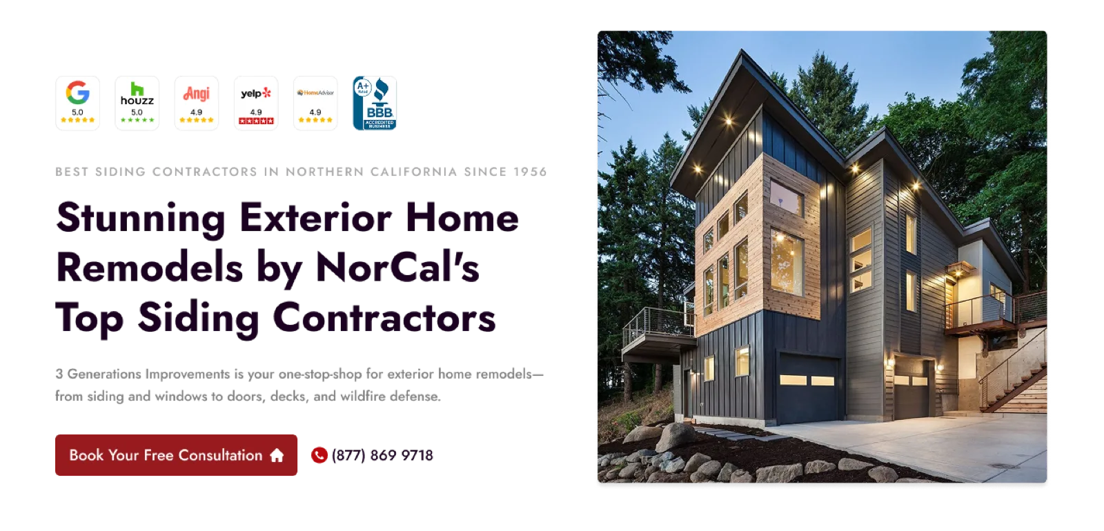 The landing page DUO built for 3 Generations Improvements, siding contractors in Northern California