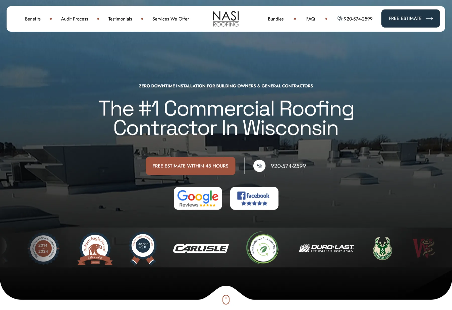 The landing page DUO built for NASI Roofing, the number one commercial roofing contractor in Wisconsin, with award badges along the base
