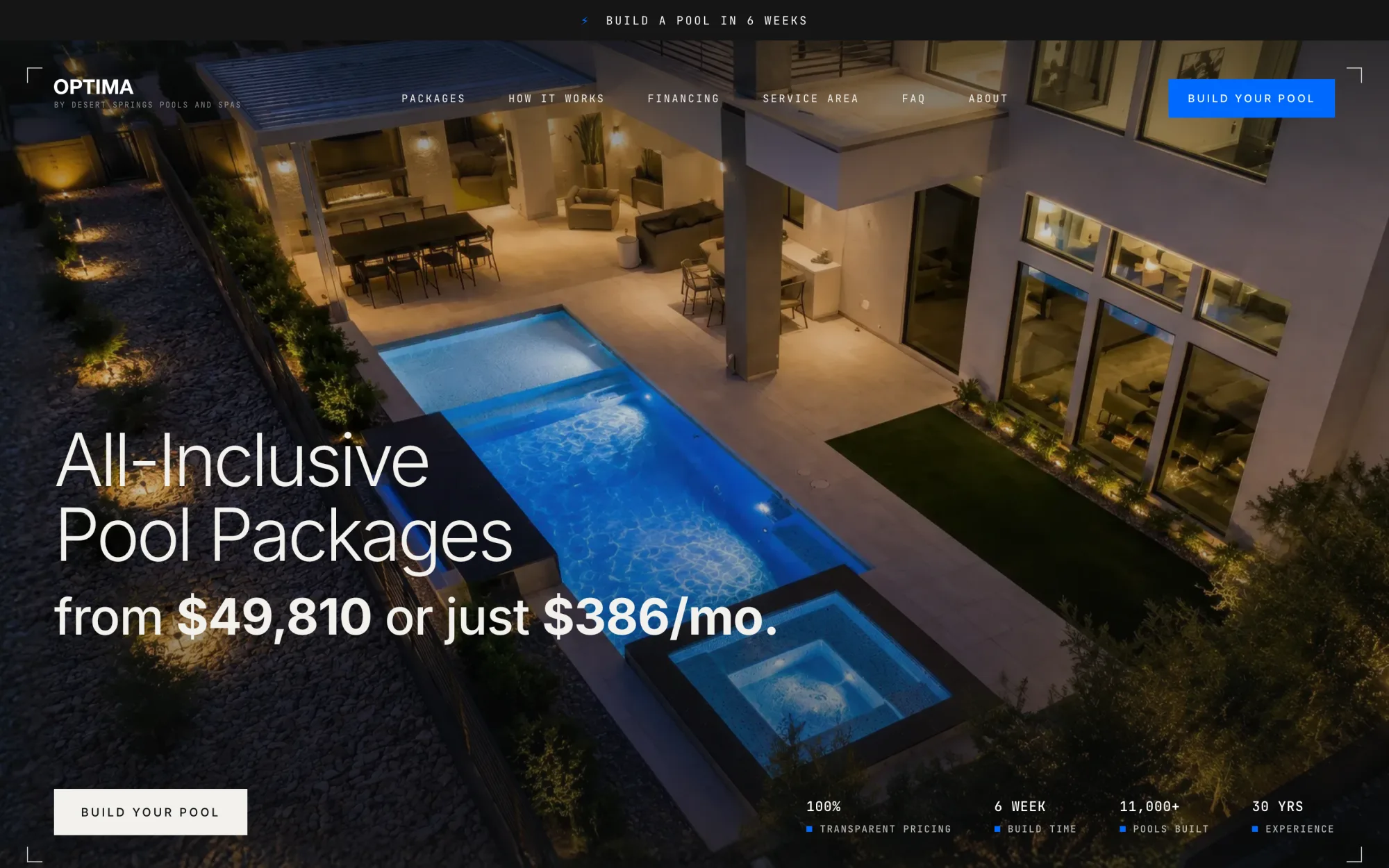 The Optima by Desert Springs website, showing all-inclusive pool packages with published prices