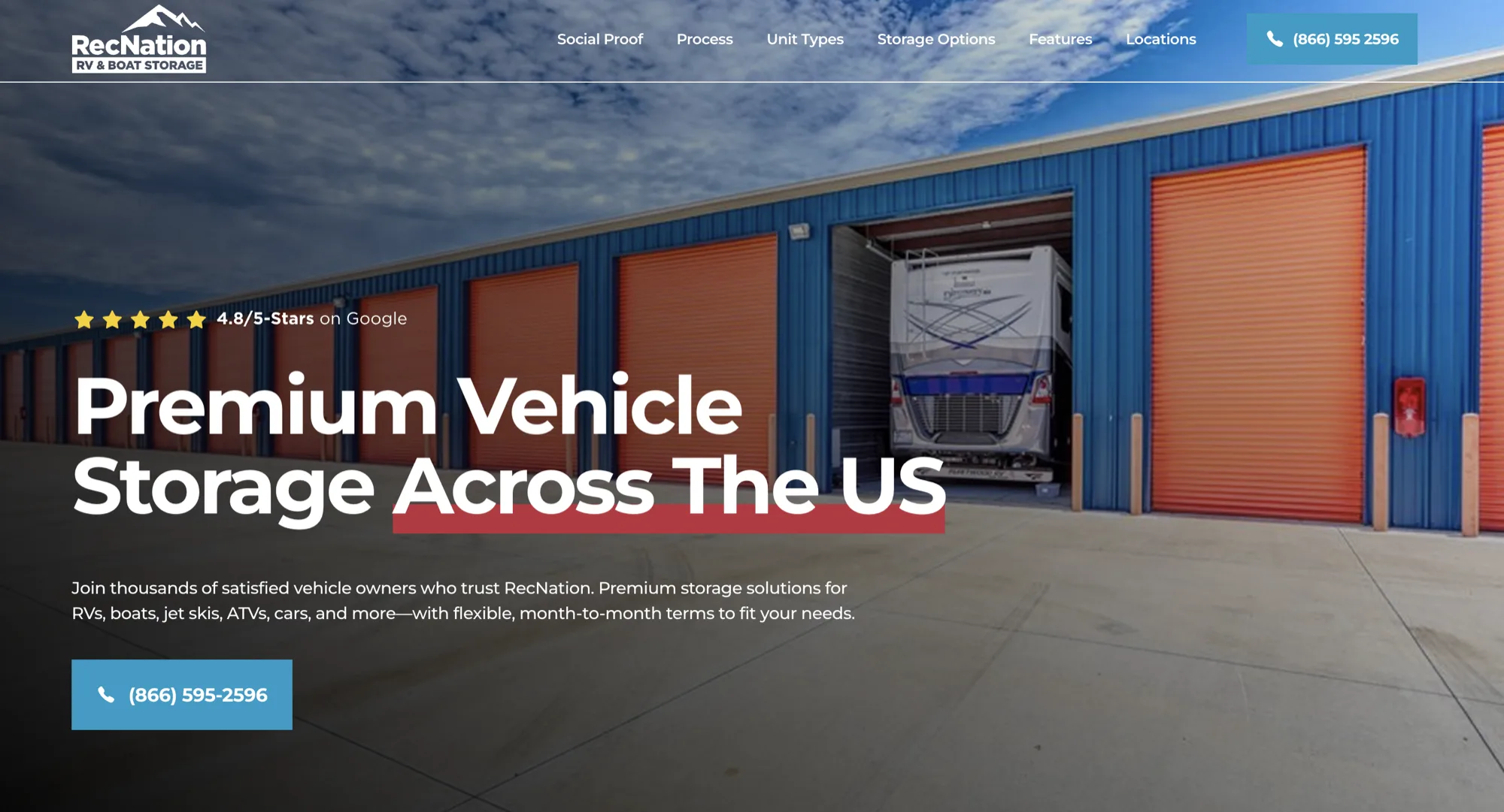 The landing page DUO built for RecNation, premium RV and boat storage across the United States