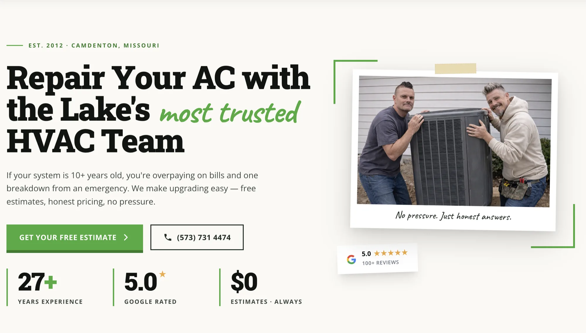 The landing page DUO built for SHIELD Mechanical, HVAC repair in Camdenton, Missouri