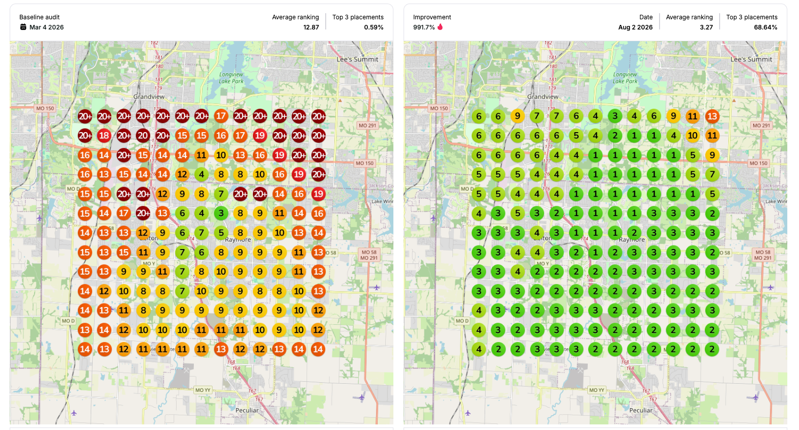 Before and after map-position heatmaps for hvac service, March 4 vs August 2, 2026