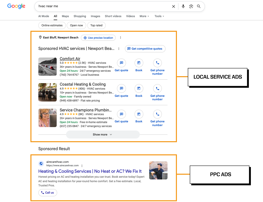 Local Service Ads and paid search, live Google results