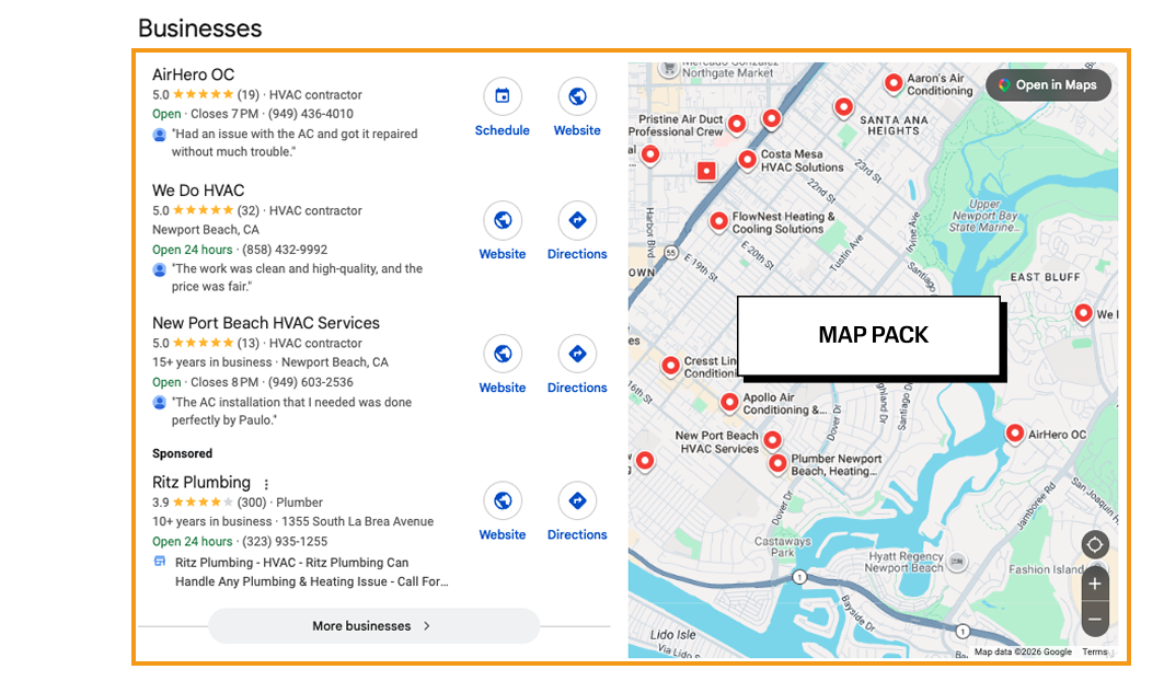 The map pack, live Google results