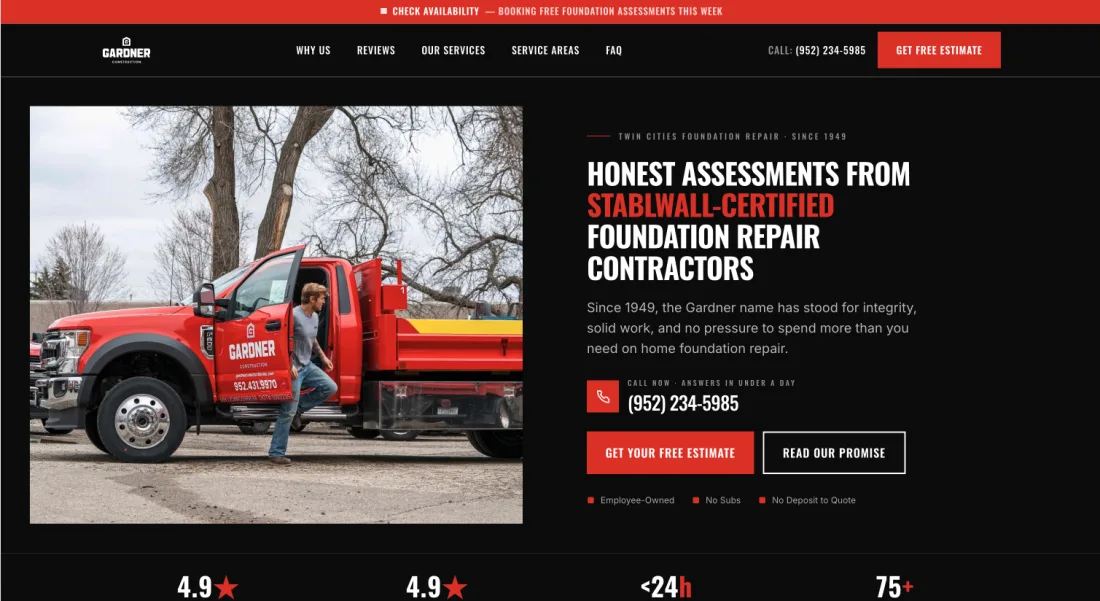 Gardner Construction landing page built by DUO